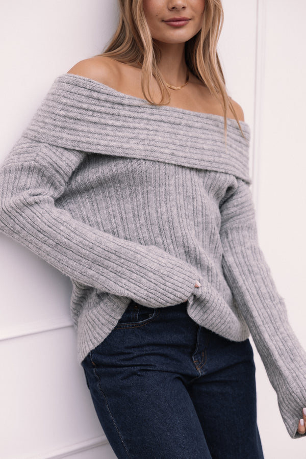 Kenny Off Shoulder Knit Sweater – Grey
