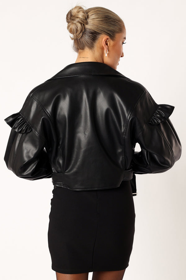 Hanna Ruffle Sleeve Faux Leather Jacket - Black - Image 3