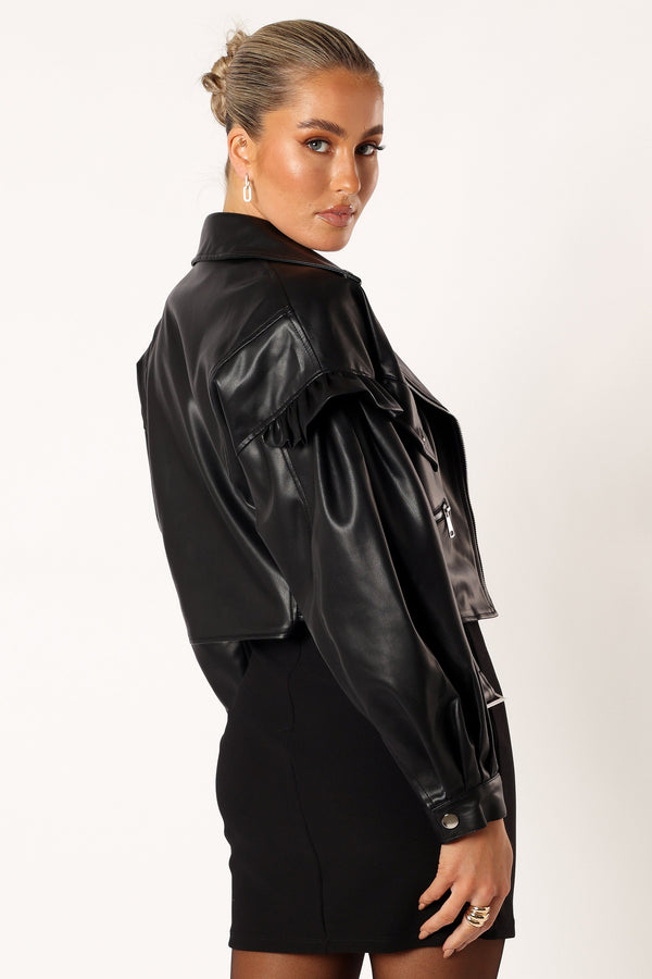 Hanna Ruffle Sleeve Faux Leather Jacket - Black - Image 5
