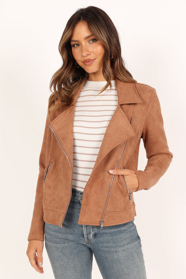 Spencer Faux Suede Moto Jacket – Tan