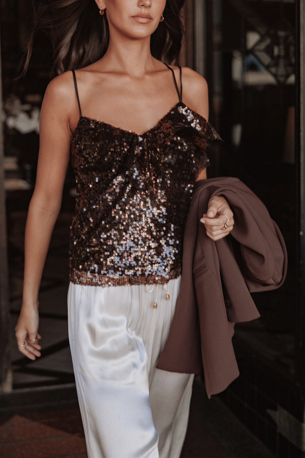 Zinnia Sequins Sleeveless Top – Brown